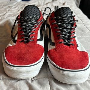 vans 11.5 red white and black. Tread has no wear. One shoe has red one white